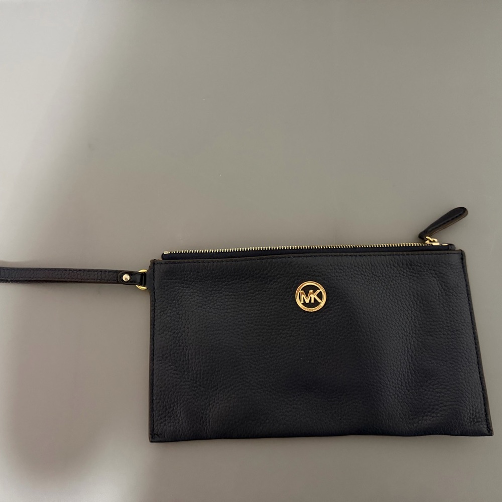 Michael Kors Black Leather Wristlet with Gold MK Emblem